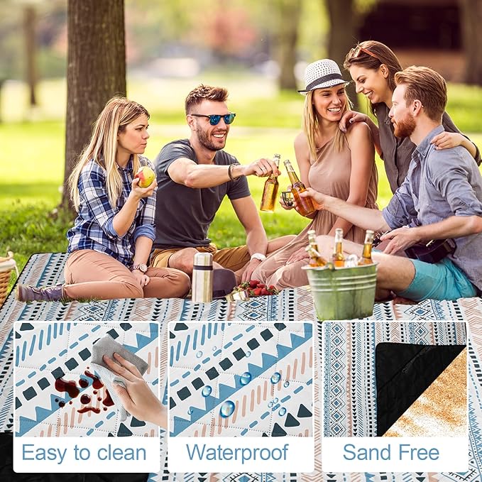 Picnic Blanket Extra Large(79" x 82"), 3-Layer Thickening Camping Blanket, Machine Washable Outdoor Blanket, Wear-Resistant, Soft and Comfortable, Sandproof Beach Mat for Beach, Park, Lawn(Boho Blue)