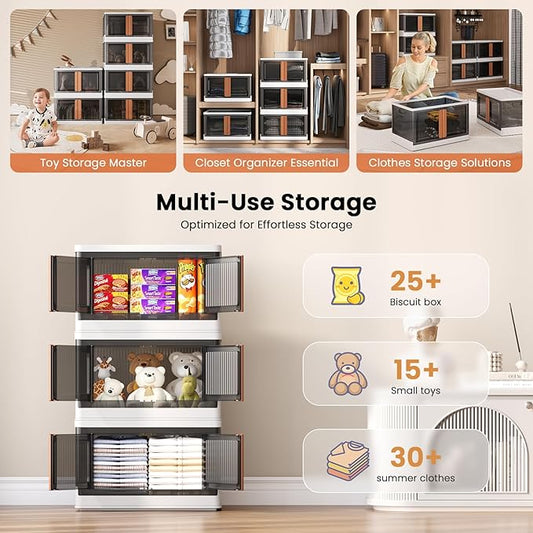 8.4Gal Collapsible Storage Bins with Lids & Wheels - 3 Pack Stackable with Doors, Heavy-Duty Plastic Containers for Home/Office, White