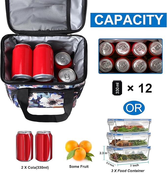 Femuar Lunch Bags for Women/Men, Insulated Lunch Bag for Work Office - Lunch Cooler Bag Leakproof Lunch Box with Adjustable Shoulder Strap - Ink foral