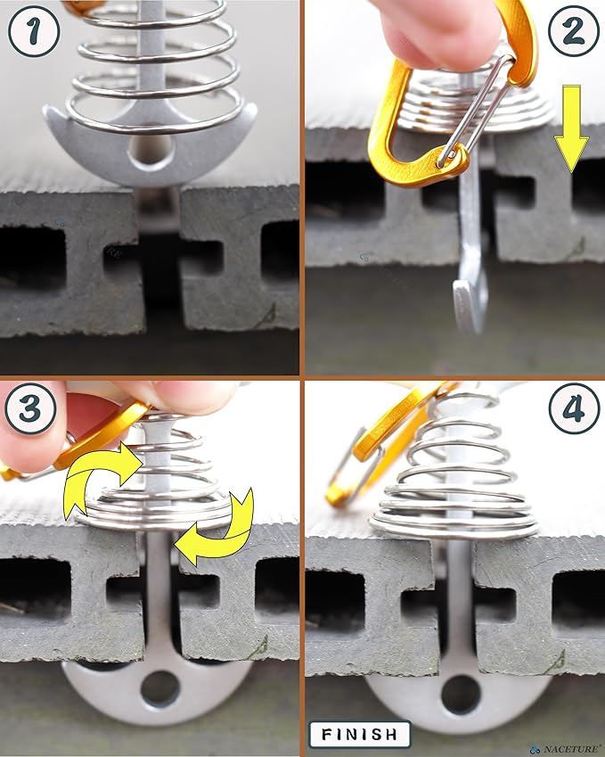 NACETURE Deck Anchors Pegs with Carabiners - Tie Down Anchor Rope Tensioner | Rope Tent Tie Down Stakes Clips, Canopy Tent Anchors Outdoor Camping Tent Accessories 10 Pack (Sliver)