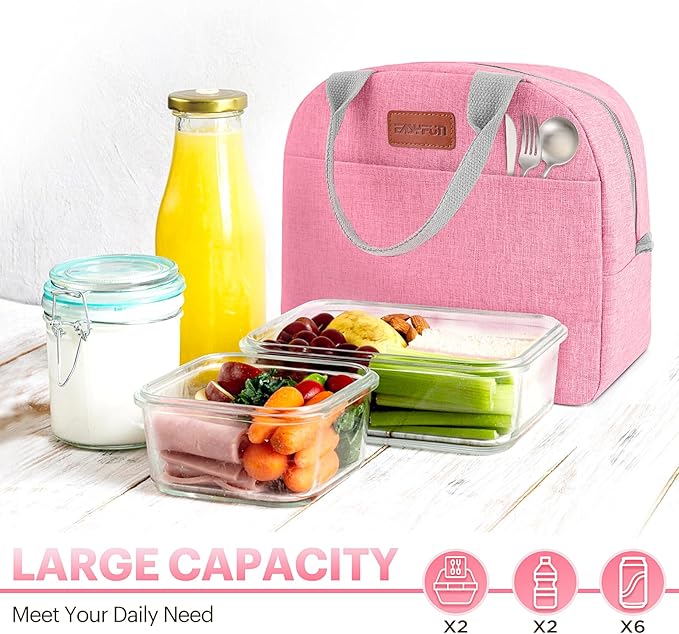 Lunch Bag for Women & Men Adult Insulated Lunch Box, Small Leakproof Cooler Food Lunch Containers Reusable High Capacity Lunch Tote Bags for Work, Travel, Outdoor (Pink)