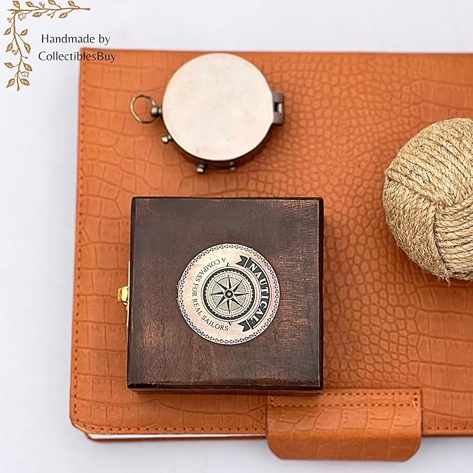 Magnetic Marine Brass Compass with Wooden Box – 2" Antique Nautical Compass for Navigation, Sailing, Hiking, Camping – Vintage Gift for Sailors & Collectors