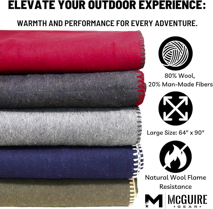 M MCGUIRE GEAR Wool Military Camping, Survival, and First Aid Blanket, 64" x 90" (Maroon)