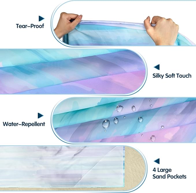 Sunlit Soft 106"x81" Sand Proof Beach Blanket Sand Free Beach Mat with Corner Pocket and Mesh Bag for Beach Party Travel Camping and Outdoor Music Festival, Watercolor Painting Lilac Blue