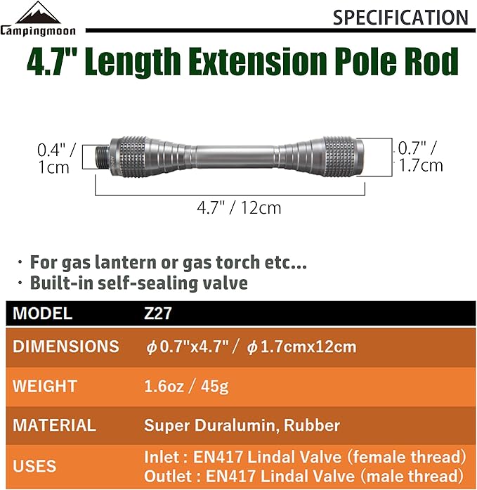 CAMPINGMOON 4.7-inch/9-inch Length Extension Pole Rod for Camping Lantern Z27/Z26