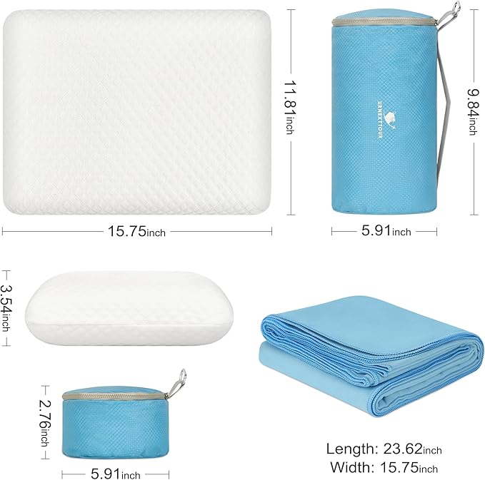 Memory Foam Camping Pillow with Fast Drying Towel Firm Travel Pillow for Sleeping Portable White Pillow with Traveling Storage Bag Machine Washable Ideal for Backpacking Airplane Car