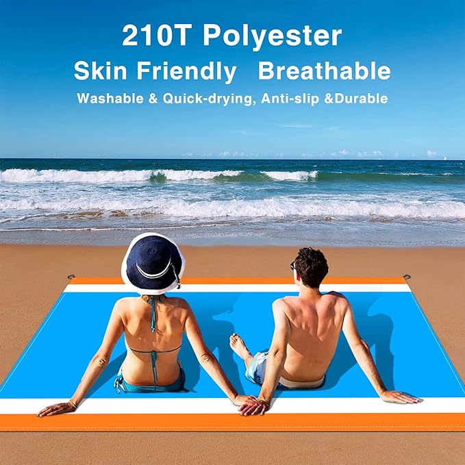 Beach Blanket, Waterproof Sandproof Beach Mat Oversized 79 X 83 Inch for 4-6 Adults, Lightweight Picnic Blanket, Portable Picnic Mat for Outdoor Travel Camping Hiking with 4 Stakes & 4 Corner Pocket