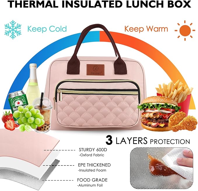 Genteen Lunch Bag for Women Girls Teens,Insulated Adult Lunch Boxes for Women,Reusable Cute Lunch Bags for Work,High Capacity Tote Lunchbox Cooler for Office Travel Picnic School-Pink