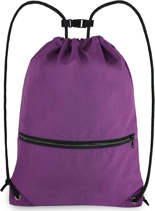 Drawstring Backpack Sports Gym Bag for Women Men Large Size With Two Zipper Pockets and Water Bottle Mesh Pockets