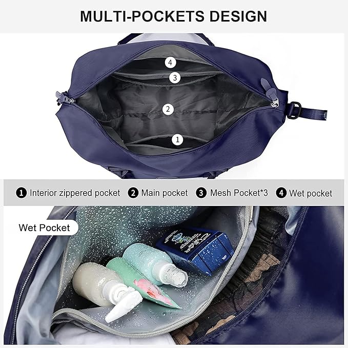 Dark Blue Sport Travel Duffle Bag Large Gym Tote Bag for Women, Weekender Bag Carry on Bag for Airplane, Ladies Beach Overnight Bag Waterproof Luggage Bags with Wet Pocket