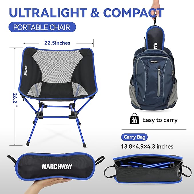 MARCHWAY Ultralight Folding Camping Chair, Heavy Duty Portable Compact for Outdoor Camp, Travel, Beach, Picnic, Festival, Hiking, Lightweight Backpacking (Dark Blue)