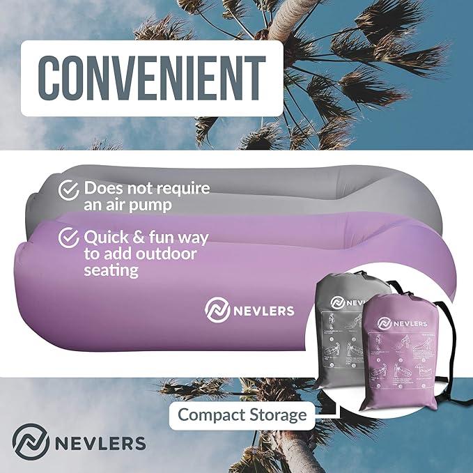 Nevlers 2 Pack Inflatable Loungers Air Sofa Couch | Perfect for Beach Chair Camping Chairs or Portable Hammock |Travel Bag Pouch, Pegs & 3 Pockets| Movie Seating & Camping Accessories Blow Up Lounger