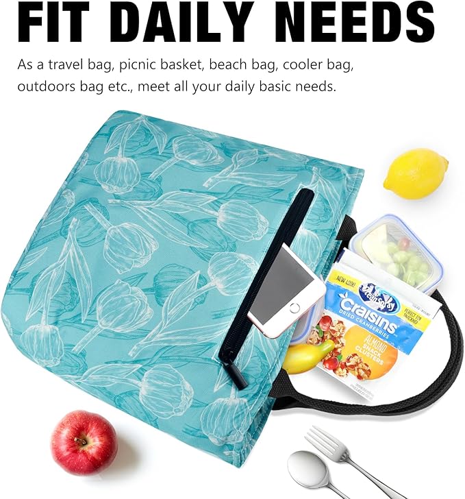 Aosbos Women's Reusable Lunch Bag - Leakproof Insulated Cooler Lunch Box Lunch Tote Meal Prep Container Lunch Cooler Bags, Green Tulip
