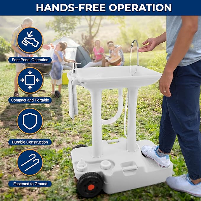 SereneLife SLCASN25 Portable Camping Sink w/Towel Holder & Soap Dispenser-30L Water Capacity Hand Wash Basin Stand w/Rolling Wheels-for Outdoor Events, Gatherings, Worksite & Camping