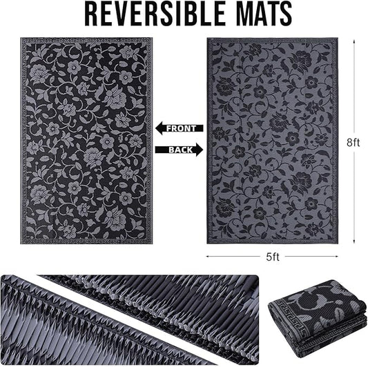 OLANLY Waterproof Outdoor Rug 5x8 ft, Outdoor Plastic Straw Rug with Flower Pattern, Reversible RV Mat for Patio, Camping, Balcony, Deck, Backyard, Black & Grey