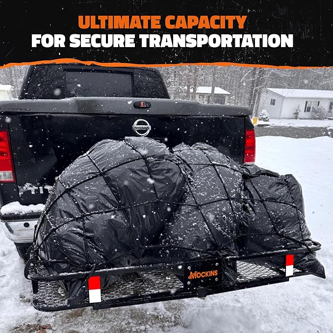 Mockins 60"x24"x6" Heavy Duty Trailer Hitch Cargo Carrier & 30 CuFt Waterproof Cargo Bag for Hitch Carrier w/ 6 Packing Cubes | Folding Luggage Rack for SUV, Car & Truck w/Basket & Bag Accessories