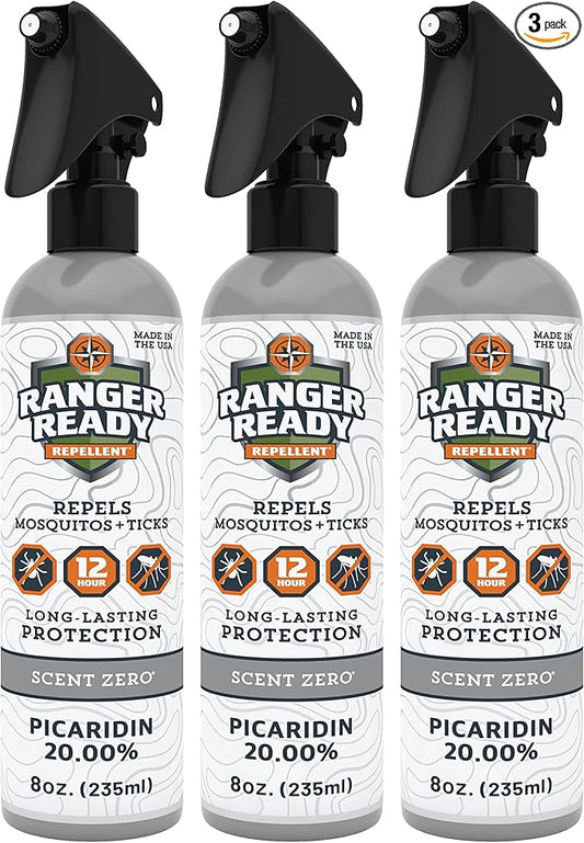 Ranger Ready Repellents Picaridin Insect Repellent Spray with Scent Zero - Tick and Mosquito Repellent Bug Spray (8 Fl Oz, Pack of 3)