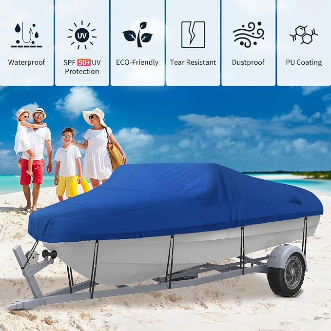 NEXCOVER Trailerable Boat Cover, Length: 14’-16’ Beam Width: up to 90”, Waterproof Heavy Duty Cover, Fits V-Hull, TRI-Hull, Runabout, Pro-Style, Bass Boat, Storage Bag & Tightening Straps Included.