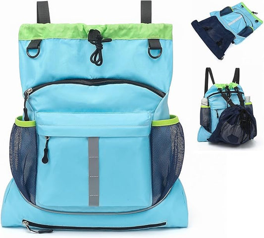 Drawstring Backpack, Waterproof Sandproof Beach Backpack for Sport Gear Small Gym Bag with Hidden Ball Net Pocket and Seperated Wet Pocket Draw String Back Bag for Women Men, Blue