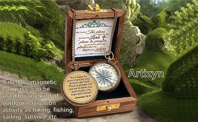 For I Know The Plans I Have For You Brass Magnetic Compass Engraved with Scripture Jeremiah 29:11, Directional Compass, Religious Gifts For Men, Easter Gifts For Teen Boys