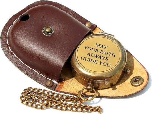 May Your Faith Always Guide You Engraved Working Compass with Leather Case Compass Religious Gift for Men & Women - Baptism, Confirmation, Communion Compass for Boys Graduation Gift