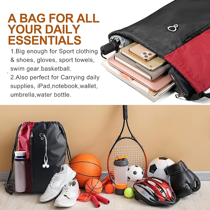 Drawstring Backpack Sports Gym Bag for Women Men Large Size With Two Zipper Pockets and Water Bottle Mesh Pockets