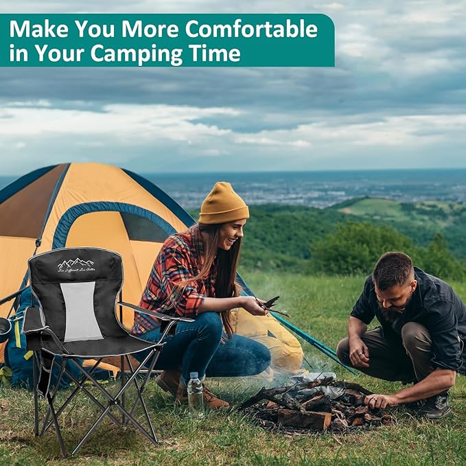 Outdoor Folding Camping Chair with Cup Holder, Storage Bag, Large Anti-Sink Feet, 325lbs Capacity, Breathable Mesh Portable Chair for Camping, Beach, Fishing, Sports, Black