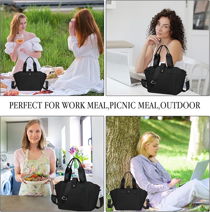 CAMTOP Lunch Box for Women Insulated Lunch Bag Lunchbox Cooler Thermal Leakproof Quilted Reusable Lunch Tote Bag for Work School Travel Picnic (Z-Black)