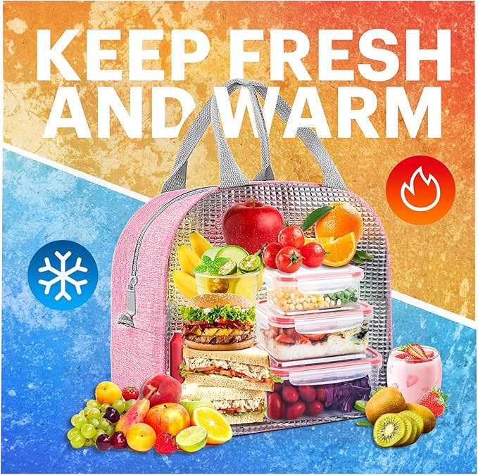 Lunch Bag for Women & Men Adult Insulated Lunch Box, Small Leakproof Cooler Food Lunch Containers Reusable High Capacity Lunch Tote Bags for Work, Travel, Outdoor (Pink)