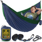 Durable Hammock 500 lb Capacity, Nylon Camping Hammock Chair - Double or Single Sizes w/Tree Straps and Attached Carry Bag - for Travel/Backpacking/Beach/Backyard (Large, Dark Blue & Forest Green)