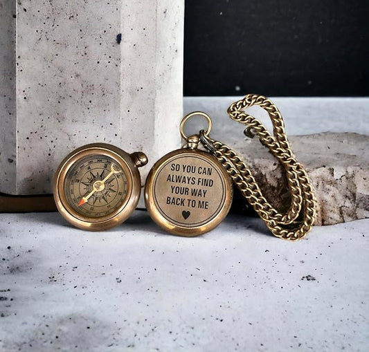 Solid Brass Compass Personalised Engraved with 'So You Can Always Find Your Way Back To Me', Compass on Chain with Leather Case for Birthday, Baptism, Anniversary or Hiking