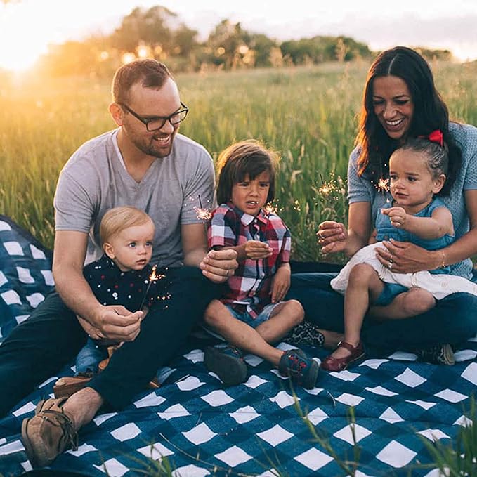 Little Unicorn Outdoor Family Picnic & Beach Blanket, Water-Resistant, Compact Fold, XL Size, 5 x 10 feet, (Navy Plaid)