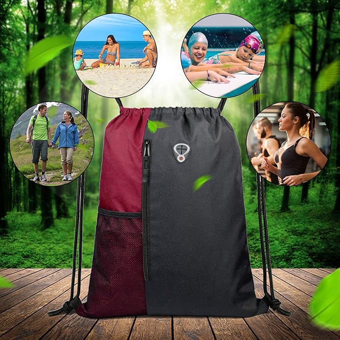 Drawstring Backpack Sports Gym Bag for Women Men Large Size With Two Zipper Pockets and Water Bottle Mesh Pockets