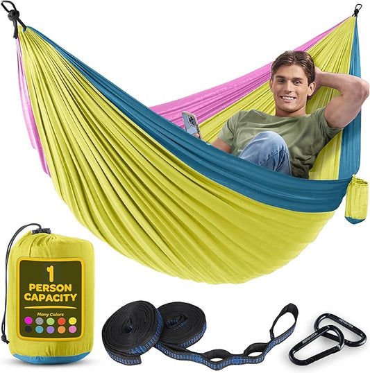 Durable Hammock 400 lb Capacity, Nylon Camping Hammock Chair - Double or Single Sizes w/Tree Straps and Attached Carry Bag - Portable for Travel/Backpacking/Beach/Backyard (Medium, Yellow & Blue)