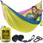 Durable Hammock 400 lb Capacity, Nylon Camping Hammock Chair - Double or Single Sizes w/Tree Straps and Attached Carry Bag - Portable for Travel/Backpacking/Beach/Backyard (Medium, Yellow & Blue)
