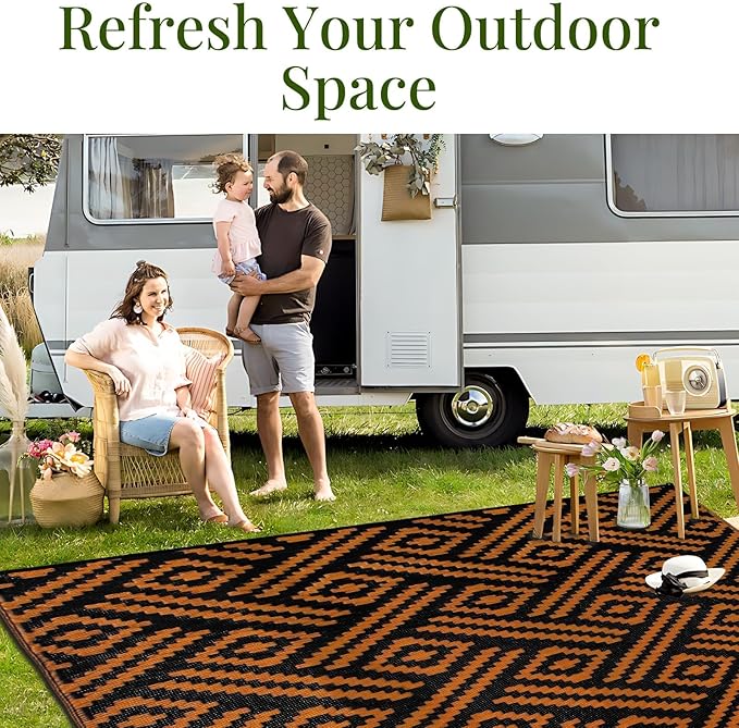 OPPODREAM Outdoor Rug 5x8 Ft, Waterproof Outdoor Plastic Straw Rug for Patio, Reversible Out Door Carpet for Camping, Deck, Rv, 5 x 8 Area Carpet for Balcony, Porch, Backyard, Black and Orange