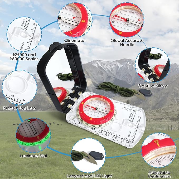 Posinly Advanced Orienteering Compass - Survival Whistle, Map Reading Field Compass for Camping, Hiking & Navigation, Great for Kids