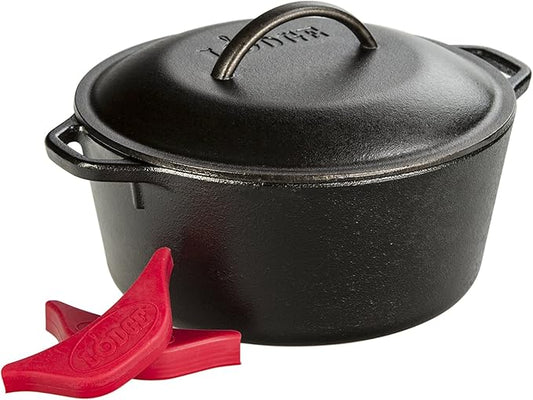 Lodge L8DOL3HH41PLT Cast Iron Dutch Oven with Handle Holders, 5 quart, Black/Red