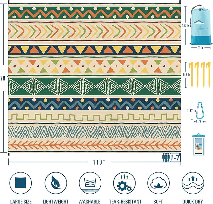 Beach Blanket Sandproof Waterproof 78''×110'' 1-7Adults Oversized,Compact Lightweight Durable Beach Mat for Travel Camping Hiking Picnic Blanket