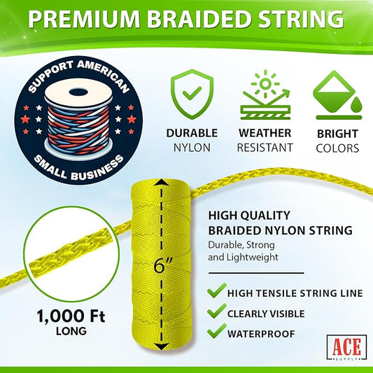 Yellow Mason Line String Line - #18 Braided Nylon String - 1,000 Ft Length - Nylon Twine for Gardening Or Masonry Tools - Perfect Construction String for A String Level, Twine String for Gardening