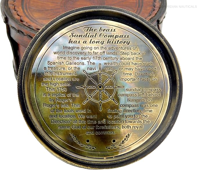 Brass Sundial Compass -Drum Sundial with Stamp Leather Box.Maritime Nautical Antiques Nautical Reproduction