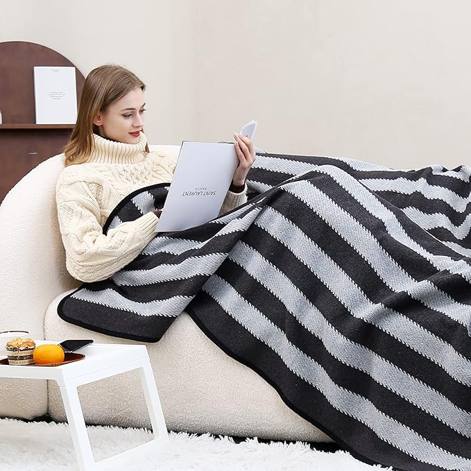 PuTian Merino Wool Blanket - 63" x 51" Thick Warm Soft Twin Bed Throw - Great for Camping, Outdoors, Travel, Car, Couch, All Seasons Grey Stripe