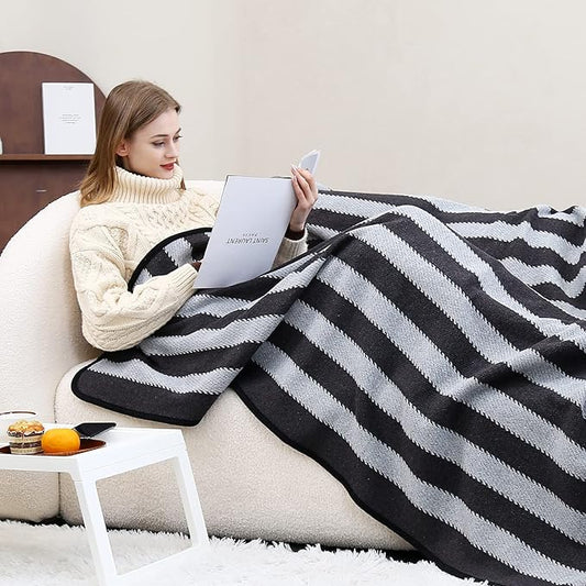 PuTian Merino Wool Blanket - 63" x 51" Thick Warm Soft Twin Bed Throw - Great for Camping, Outdoors, Travel, Car, Couch, All Seasons Grey Stripe