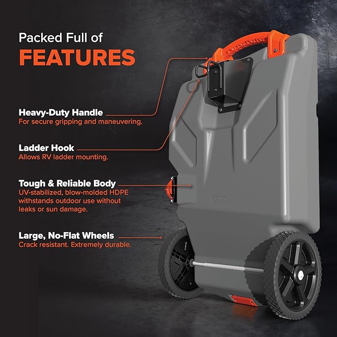 Camco Rhino 36-Gallon Camper/RV Tote Tank - Features Large Heavy-Duty No-Flat Wheels & Built-In Gate Valve - Removable Steel Tow Adapter, 3’ Sewer Hose & More RV Accessories (39006)
