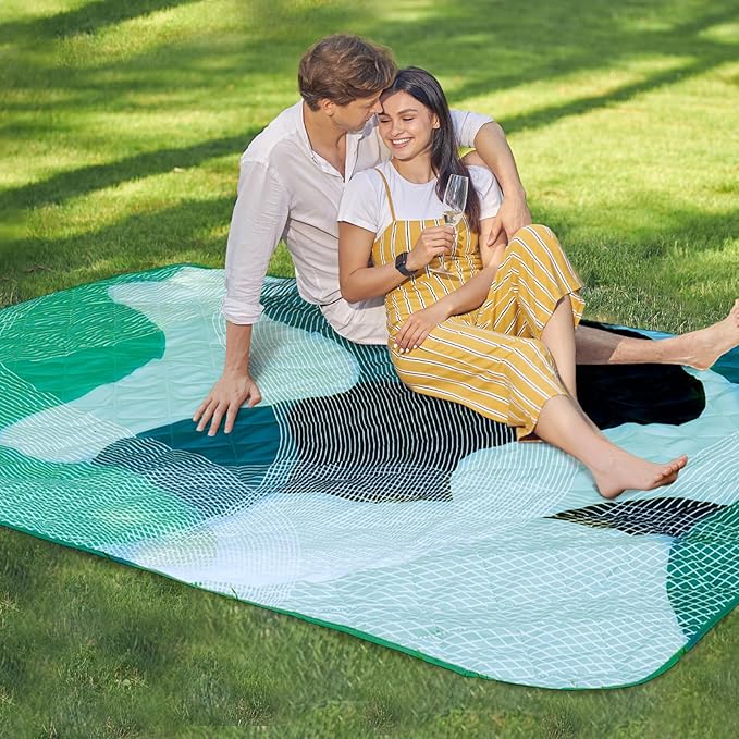Whale Flotilla Extra Large Outdoor Picnic Blanket (60”x80”), Foldable Waterproof Sand Beach Mat Camping Blankets, Lightweight Soft Handy Mat Tote for Park Hiking Travel, Green