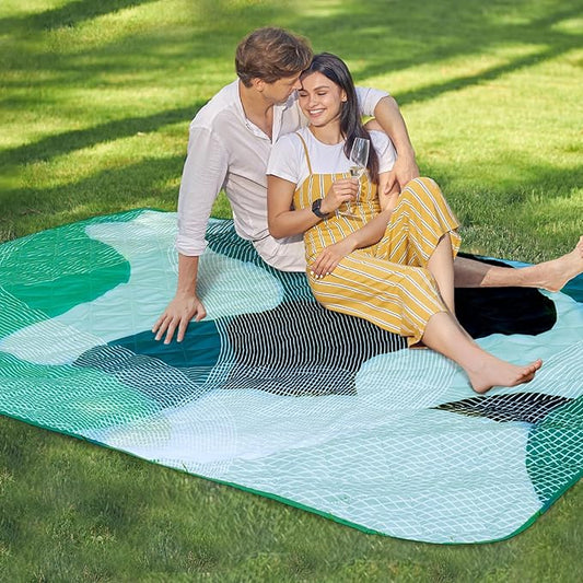Whale Flotilla Extra Large Outdoor Picnic Blanket (60”x80”), Foldable Waterproof Sand Beach Mat Camping Blankets, Lightweight Soft Handy Mat Tote for Park Hiking Travel, Green