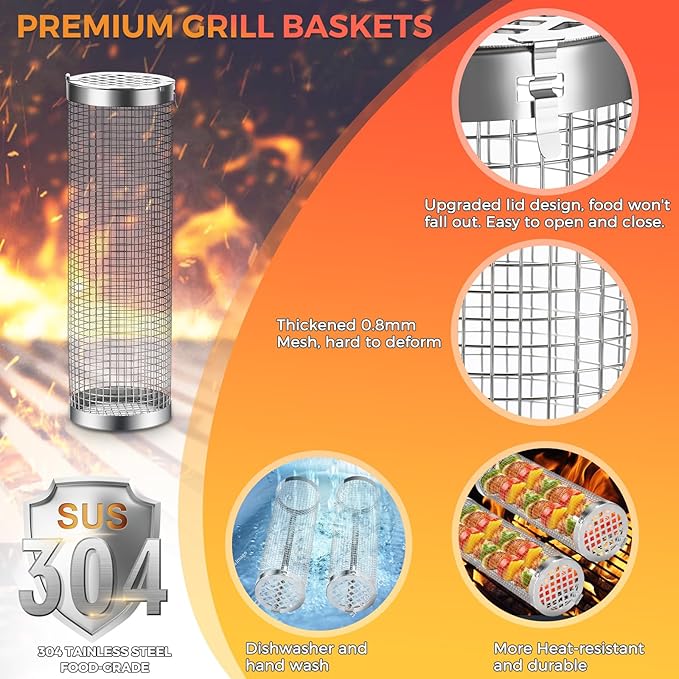 Rolling Grilling Basket, 2 PCS BBQ Grill Basket， Stainless Steel Grill Mesh with Grilling Accessories, Portable Outdoor Camping BBQ Grill Nets Cylinder for Fish, Shrimp, Vegetables, Meat