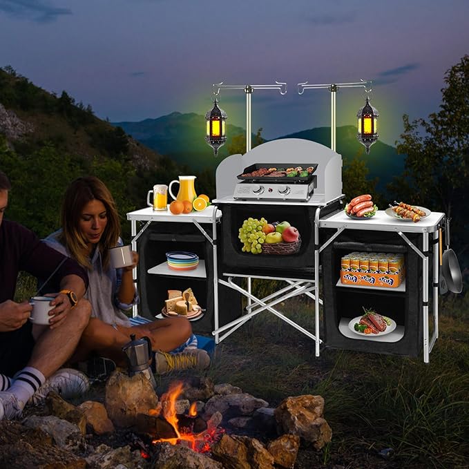 Seeutek Camping Kitchen Table Aluminum Portable Outdoor Cooking Table Foldable Camp Table with Windscreen and 3 Storage Cupboards Multifunctional for BBQ, Party & Outdoor Activities