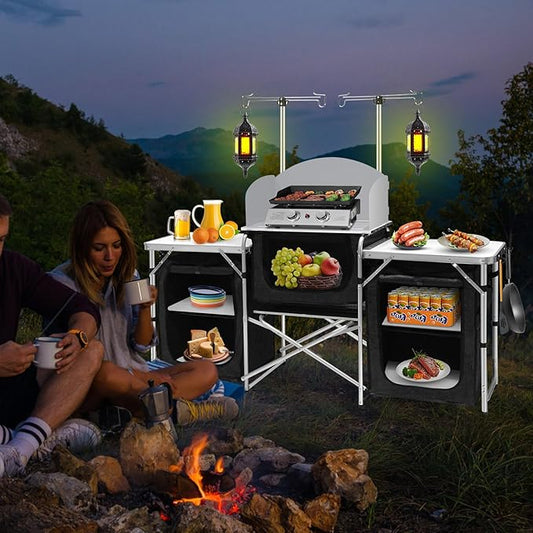 Seeutek Camping Kitchen Table Aluminum Portable Outdoor Cooking Table Foldable Camp Table with Windscreen and 3 Storage Cupboards Multifunctional for BBQ, Party & Outdoor Activities