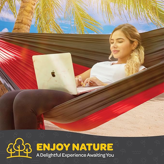 Durable Hammock 400 lb Capacity, Nylon Camping Hammock Chair - Double or Single Sizes w/Tree Straps and Attached Carry Bag - Portable for Travel/Backpacking/Beach/Backyard (Medium, Red & Dark Grey)